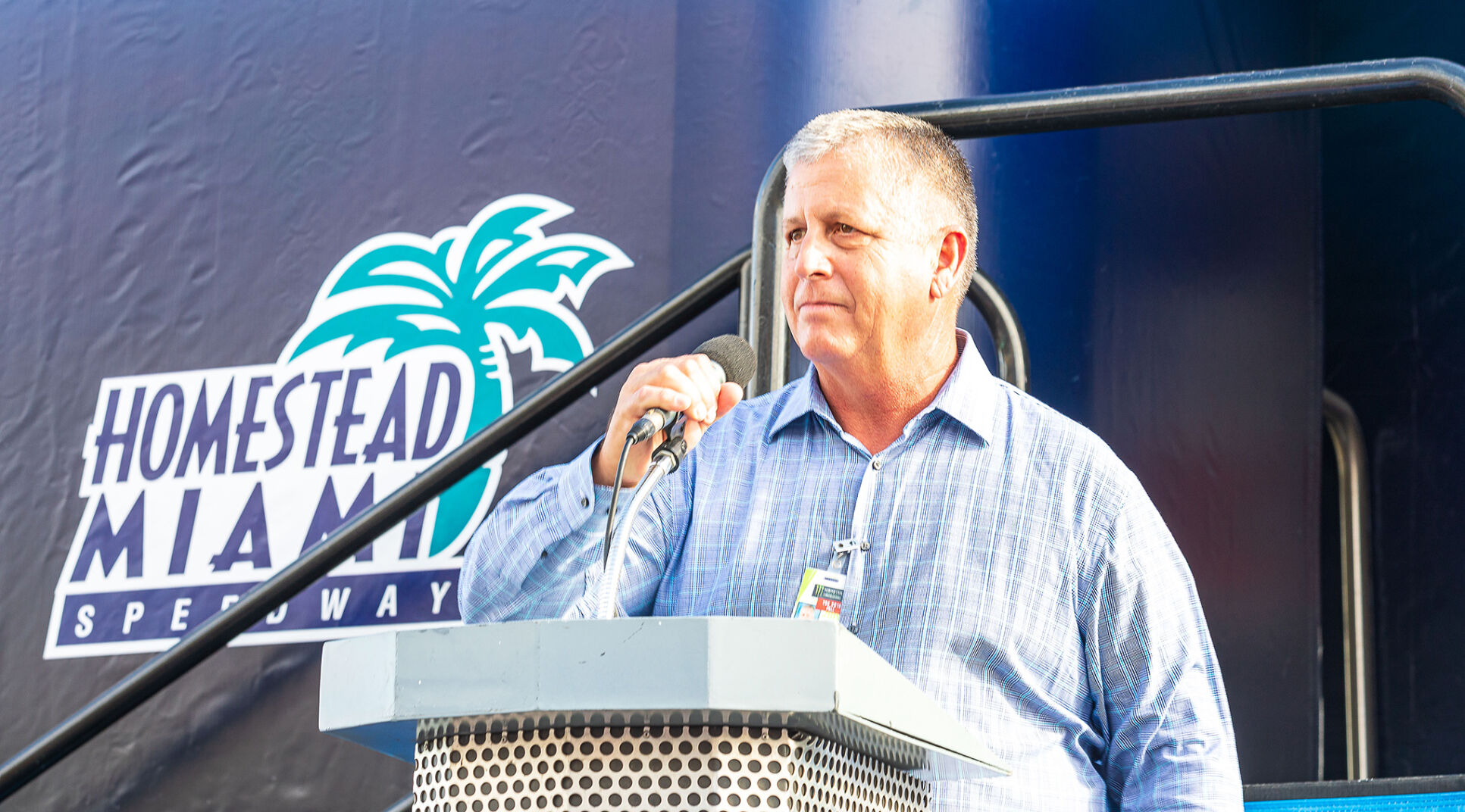Al Garcia, addressing the grandstands at Homestead-Miami Speedway.